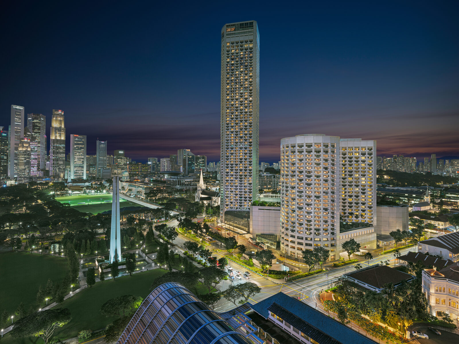 Fairmont Singapore — aerial view at dusk